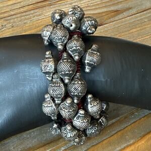 Vintage Rajasthan Ethnic Tribal Indian Silver Bead Bracelet On A Woven Cord 72g